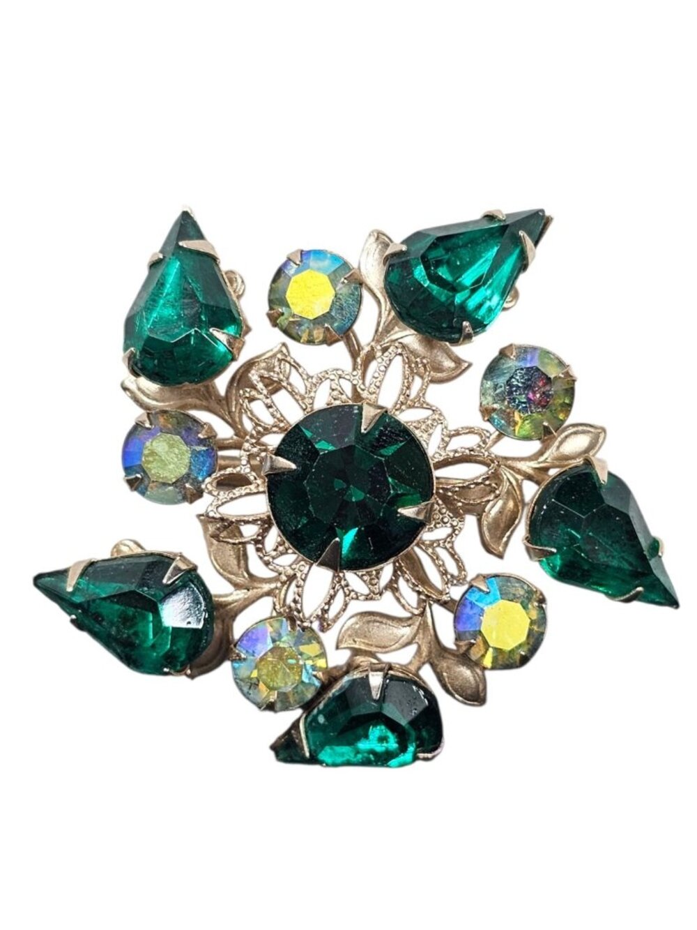 Emerald Green Rhinestone Brooch Aurora Borealis Crystal Pin Sliver Tone VTG